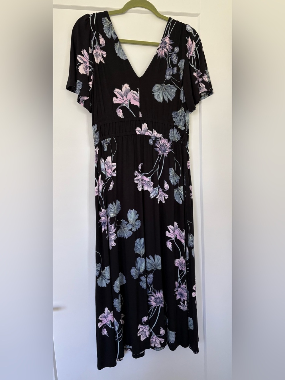 Soma Pamilla Midi Bra Dress. Black Floral V-Neck - Pink & Light Blue Flowers - Picture 2 of 5